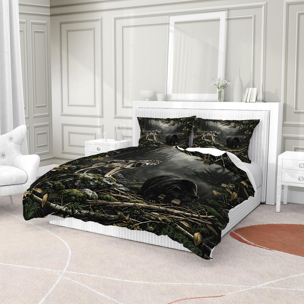 Wild Wolf Black Bear Owl Forest Duvet Cover Set Rustic Wildlife Bedding Set Nature Animal Bed Linen Soft Polyester Bedroom Decor