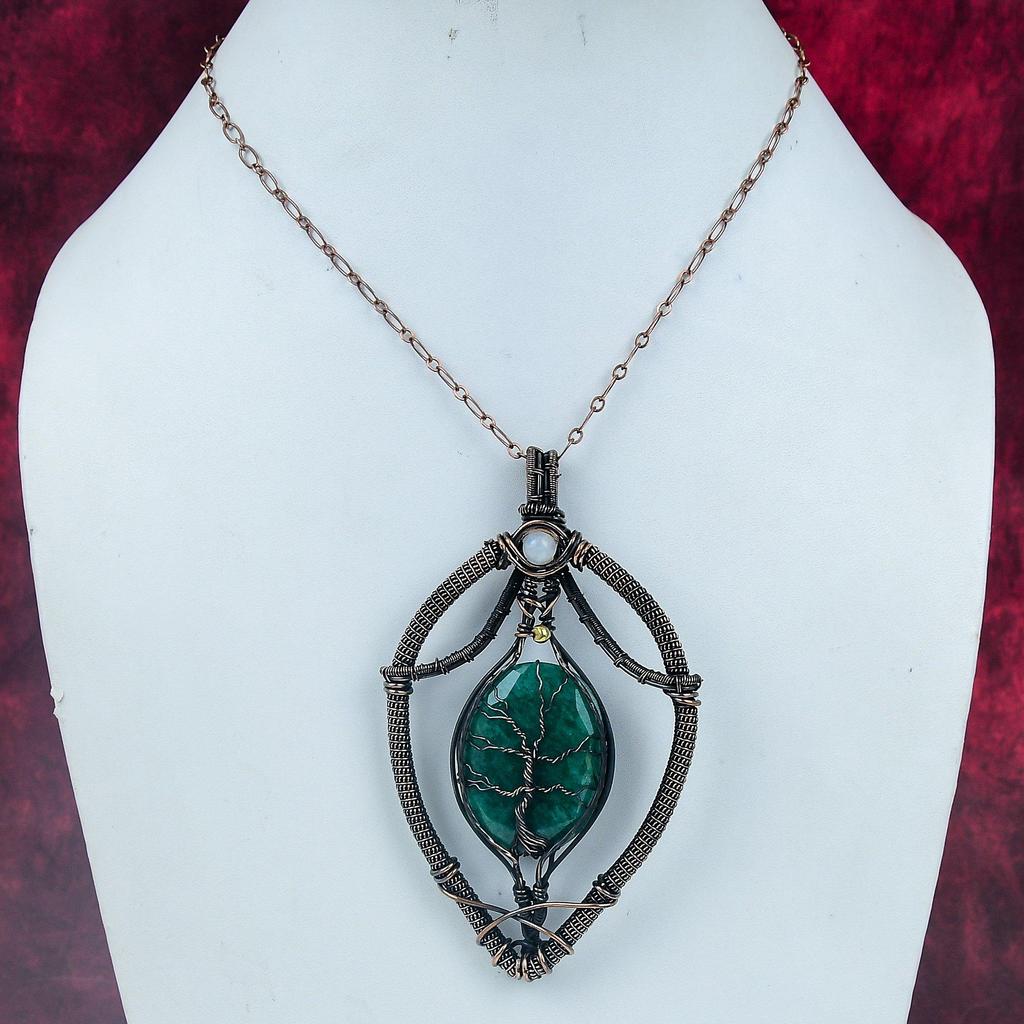Tree Of Life Faceted Zambian Emerald Pendant Rainbow Moonstone Jewelry Copper Wire Wrapped Pendant