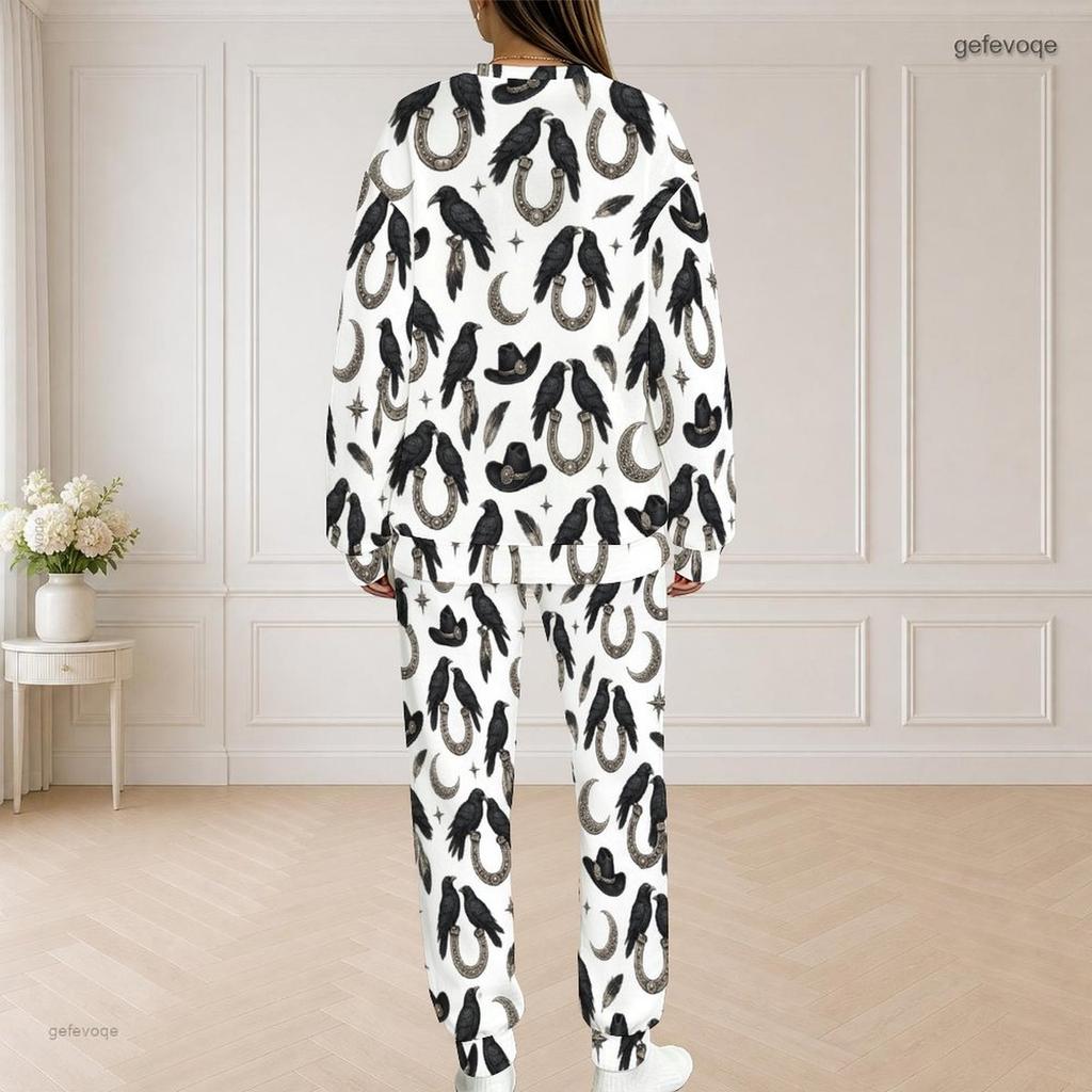 Women Plus Size White Horse Football Printed Round Neck Long Sleeve Top And Pants Two Piece Set