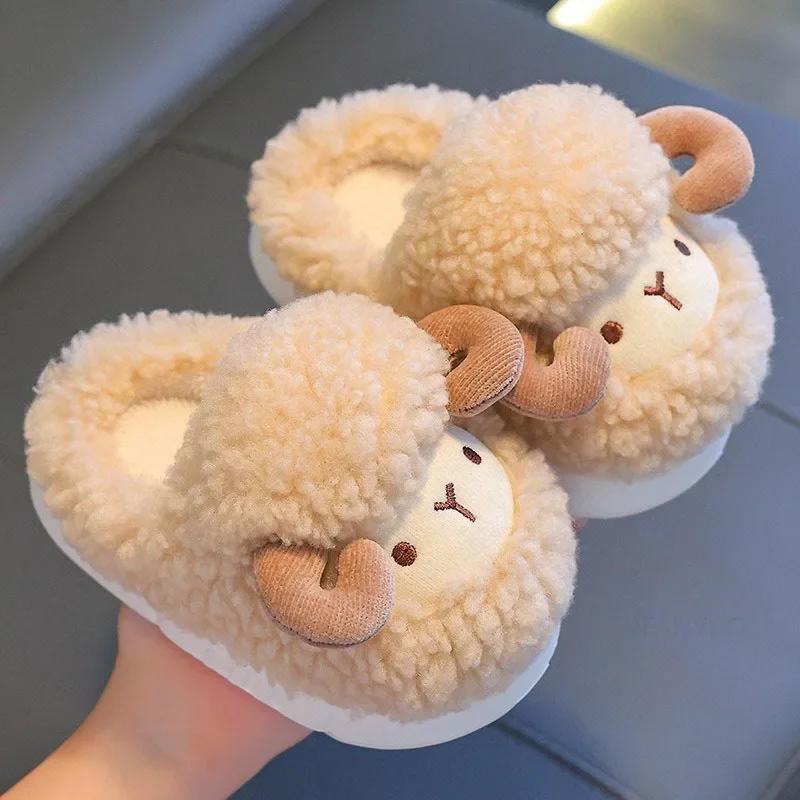 Winter Children Cotton Slippers Boys Girls Warm Anti Slip Home Slipper Fashion Cute Cartoon Alpaca Kids Parent-Child Plush Shoes