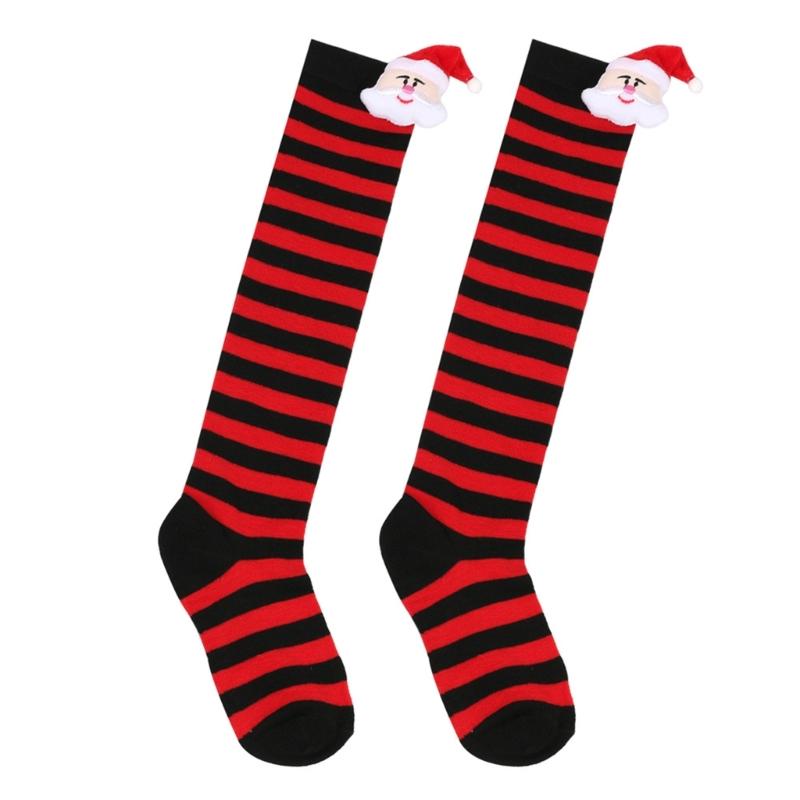 Cartoon Santa Christmas Stockings for 6-10Y Children Over the Knee Socks for Little Girls Unisex Winter Striped Socks
