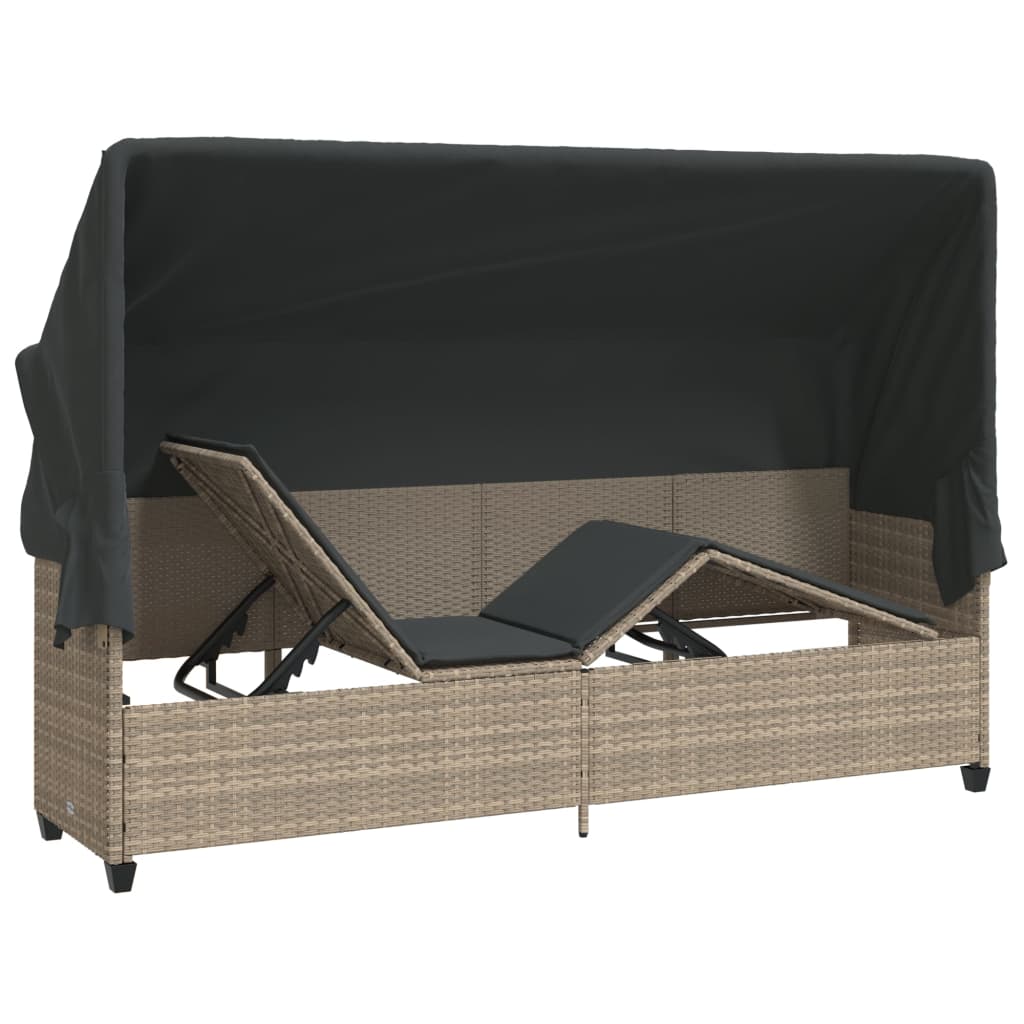 Vidaxl Sun Lounger with Canopy and Cushions, Light Gray, Poly Rattan