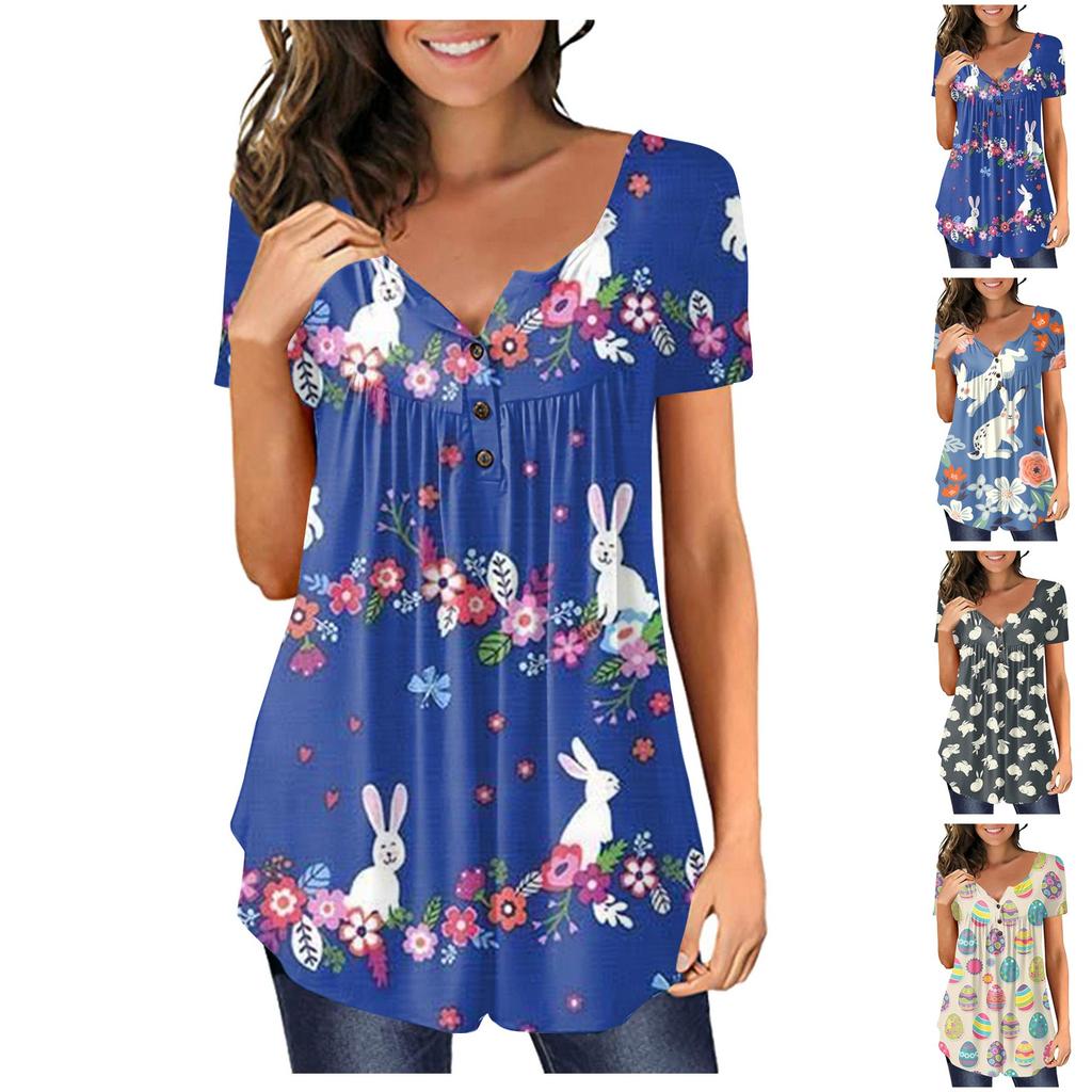 Women's Easter Short Sleeve Tops Loose Tops Casual Oversized Tops Pleated Tops Button Tie Tops Women