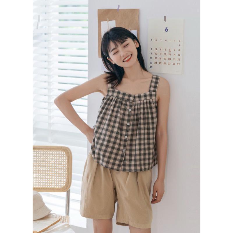 Japanese Style Fresh & Sweet Cotton Linen Plaid Camisole Vest for Women - Summer Loose Fit Top