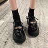 Lace-up muffin platform loafers women's new spring high-heeled lock black small leather shoes are comfortable and versatile