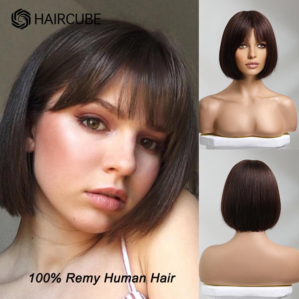 HAIRCUBE Ombre Blonde Bob Human Hairs Wig for Women Straight Short Machine Made Human Hair Wigs with Bangs Natural 10inch Wig Daily Use