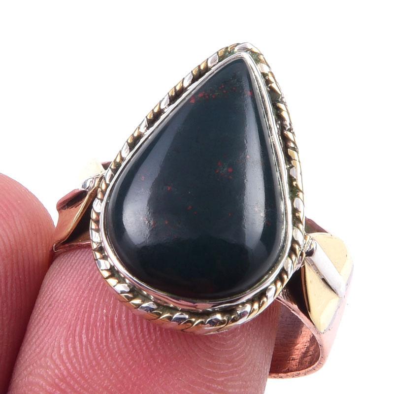 

Natural Bloodstone Gemstone Handmade 925 Sterling Silver Two Tone Ring S.10 y0T70