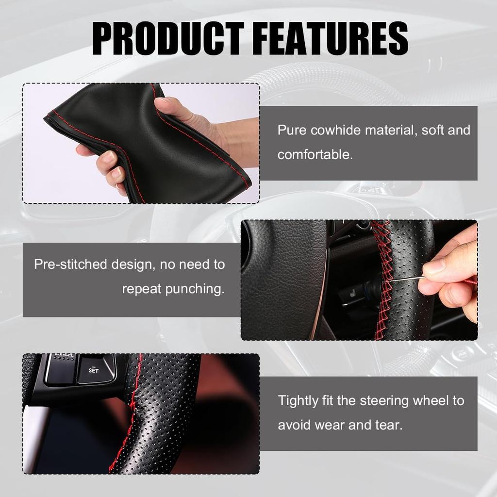 Genuine Leather Steering Wheel Cover, Stitch On Wrap For Steering Wheel Up To Diameter 15 Inches, DIY Sewing Steering Wheel Protector, Car