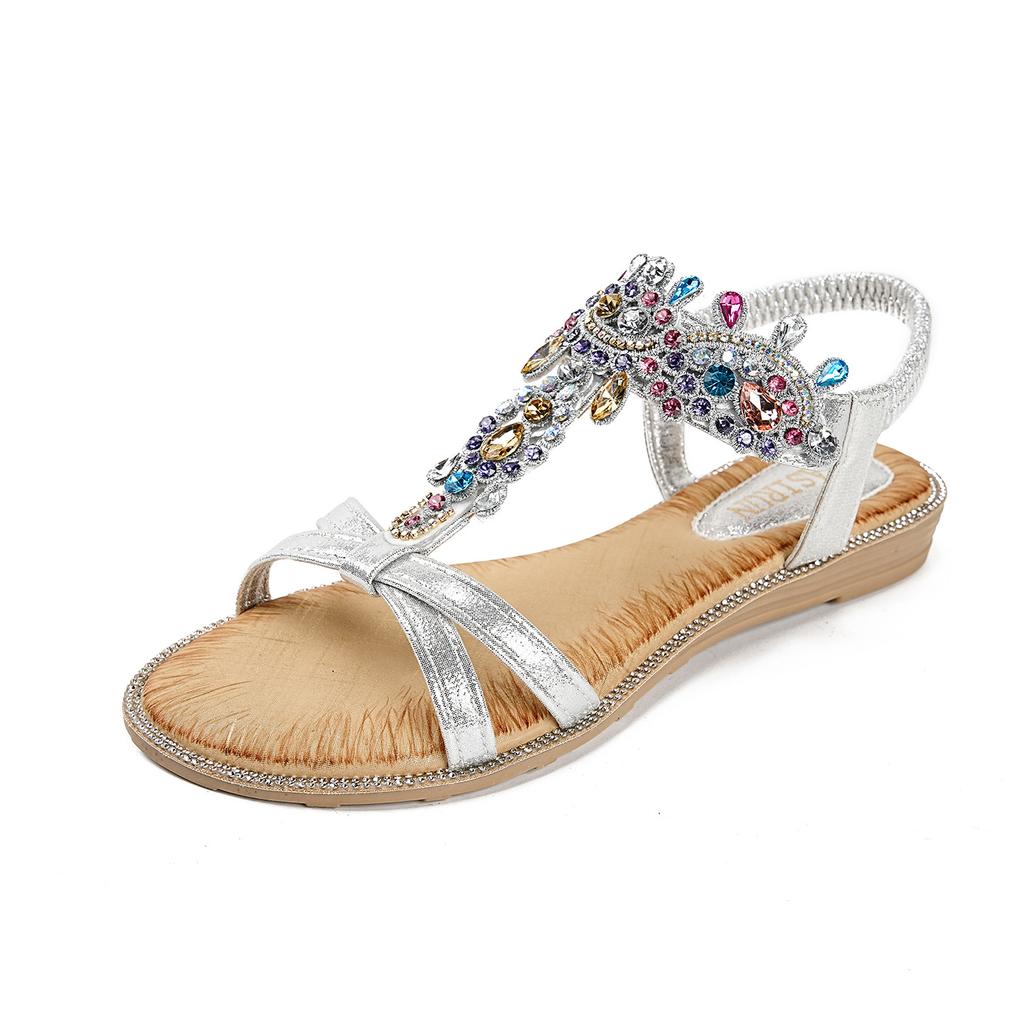 Casual Sandals Women's Vacation New Summer Versatile Flat-soled Mother Shoes Elastic Band Rhinestone Roman Beach Shoes