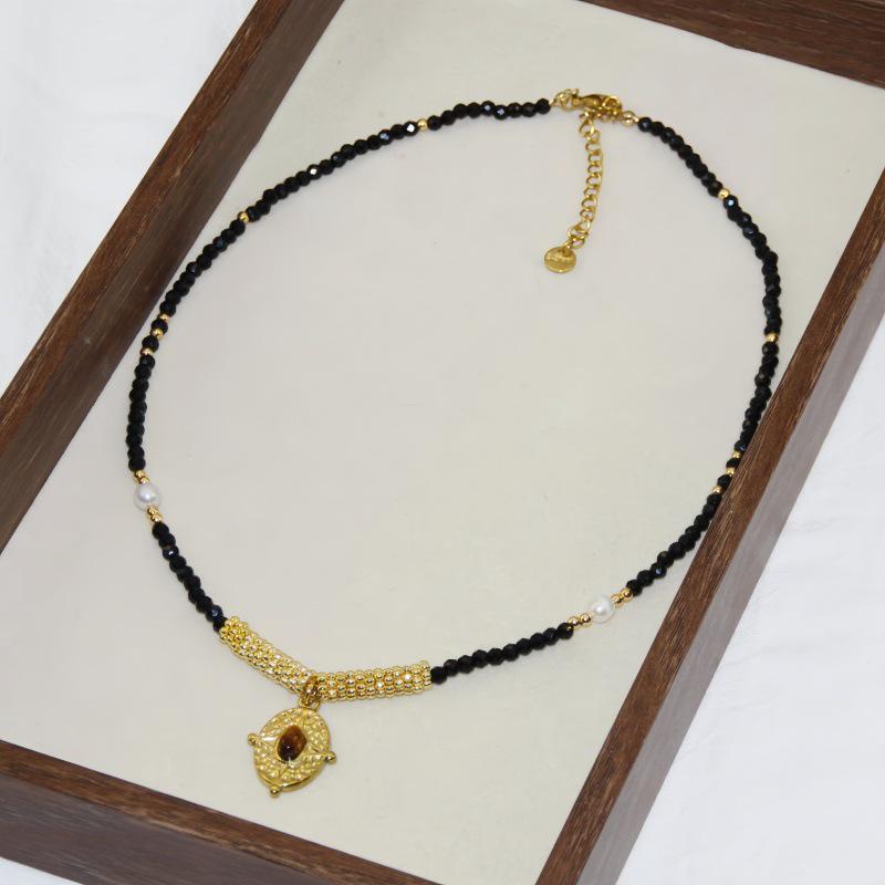 High-End Freshwater Pearl & Black Spinel Pendant Necklace with Titanium Steel Chain