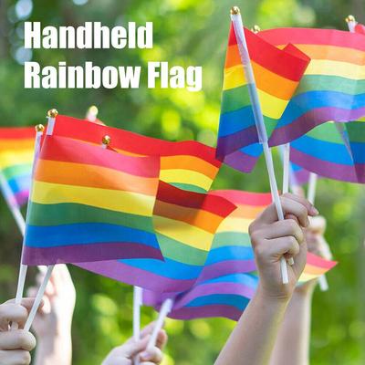 14X21cm Rainbow Flag With Flagpole Mini Handheld Rainbow Flag Gay LGBT Lesbian Homosexual Bisexual Pansexuality Pride Home Decor
