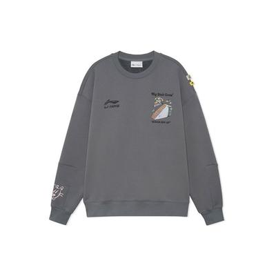 Li Ning Skateboard Series Fun Cartoon Print Warm Fleece Pullover Sweatshirt Unisex Sweatshirt Gray AWDRF81-1
