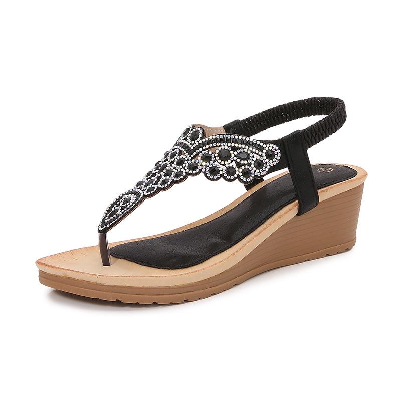 2026 Bohemian Rhinestone Wedge Sandals - Korean Style, Thick Sole for Women