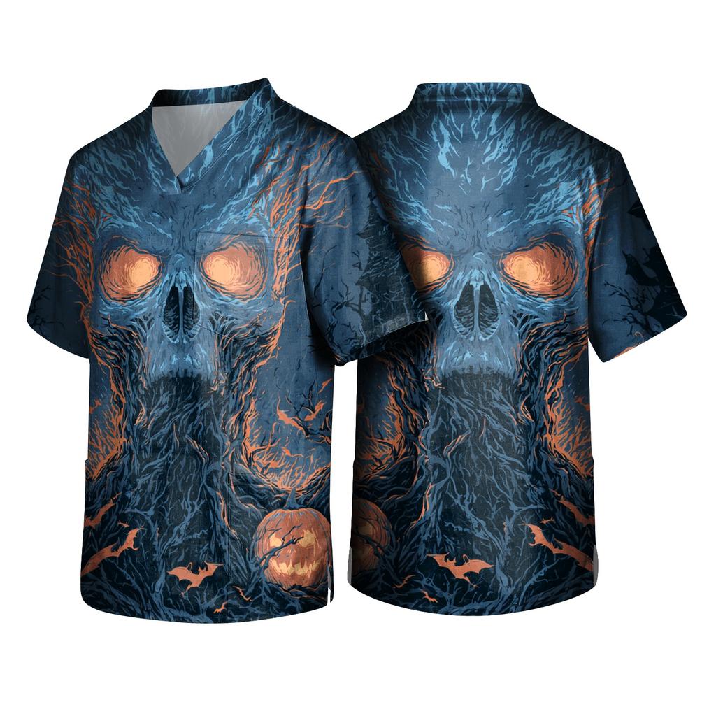 Men V Neck Printed Scrub Top with Pockets Short Sleeve Halloween Themed Comfortable Fit Lightweight Fabric