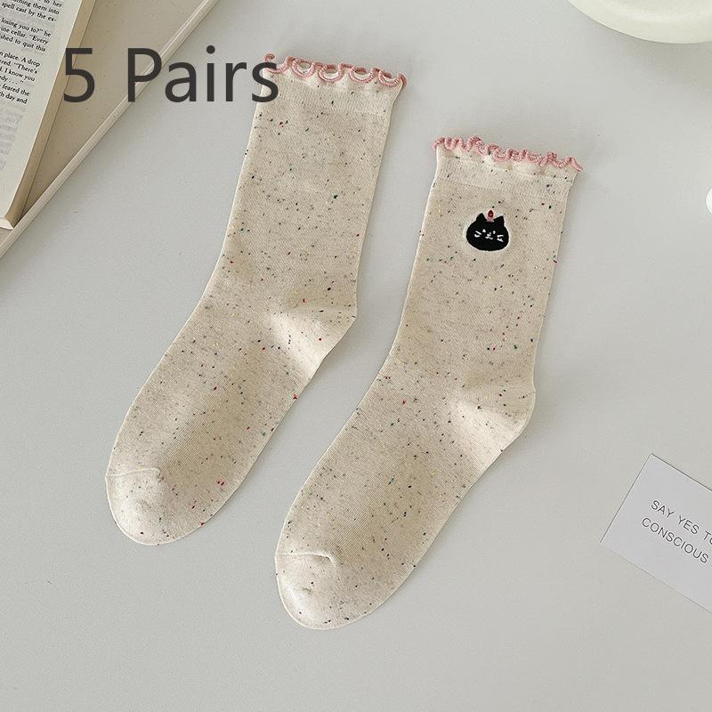 5 Pairs Autumn and Winter New Cute Socks Women's Mid-calf Socks Tide Cotton Socks Women's Monthly Socks Wooden Ear Lace Stacked Socks