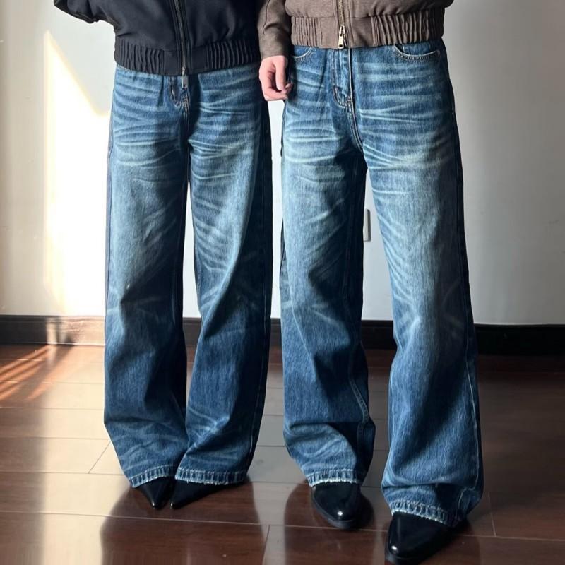 Herren Vintage Gewaschene Blaue Jeans Gerader Schnitt Locker Bequem Lässige Hose
