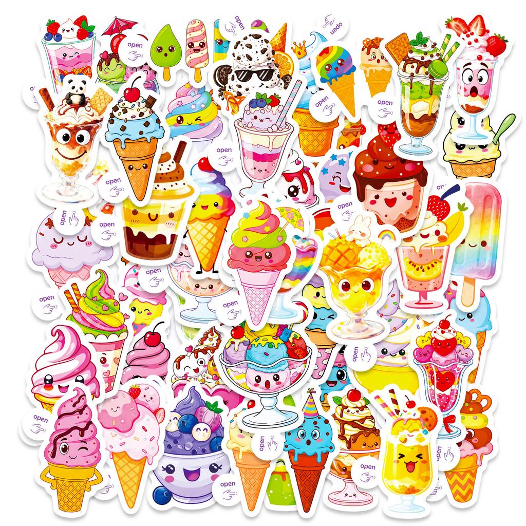 50 Cartoon Ice Cream Desserts Cute Expression Graffiti Stickers Easy To Tear Small Handle Suitable For Children Hand Stickers
