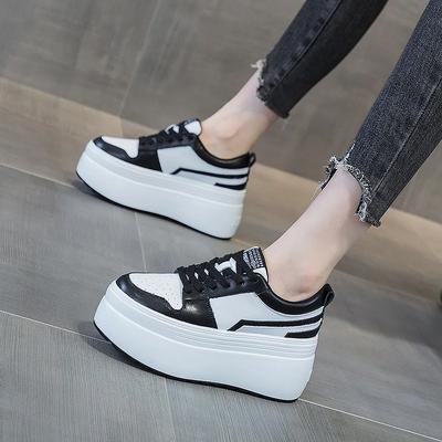 8CM Genuine Leather Vulcanized Lace Up Hidden Heels Autumn Chunky Sneakers Platform Wedge Women Summer Spring Bling Shoes
