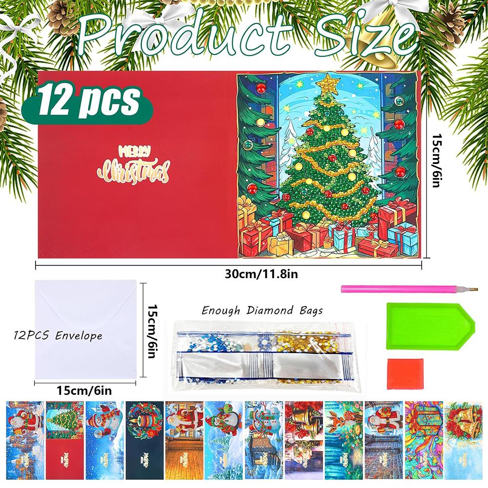 12 Weihnachtsgrußkarten mit 5D-Diamantmalerei und Umschlag, 30 x 15 cm