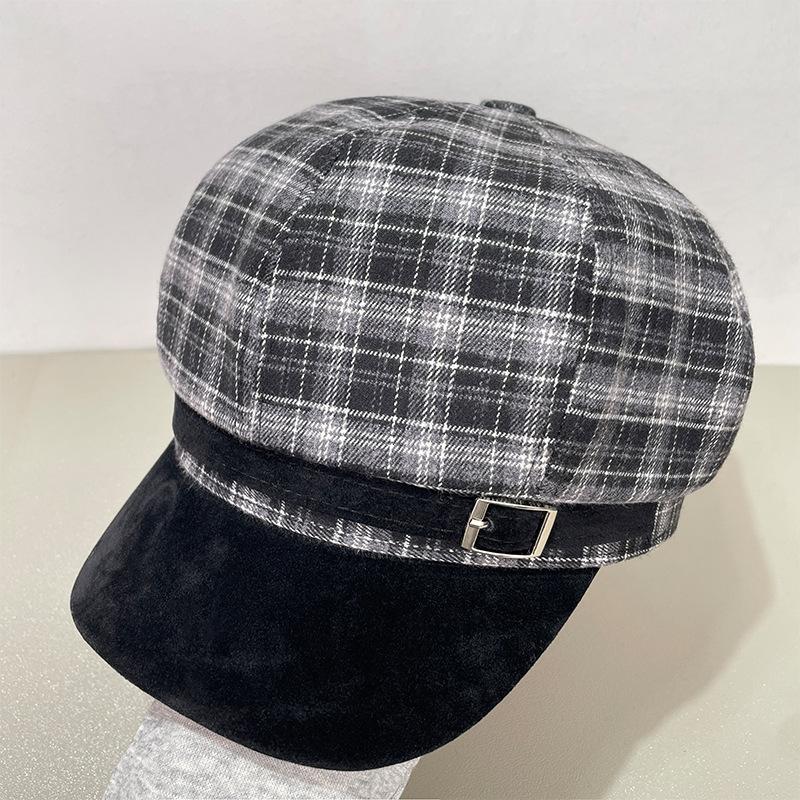 Retro Checkered Octagonal Hat Style for Women In Autumn and Winter British Style Beret Woolen Warm and Elegant Painter Newsboy Hat
