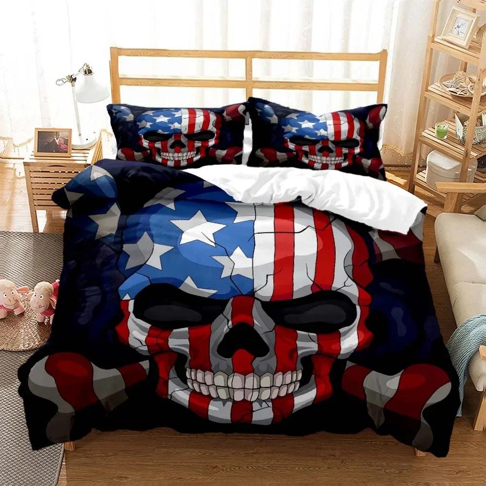 Skull Personalized Digital Printing Polyester Bedding Set For Boys And Girls Three Piece Comfortable Soft Couple Gift