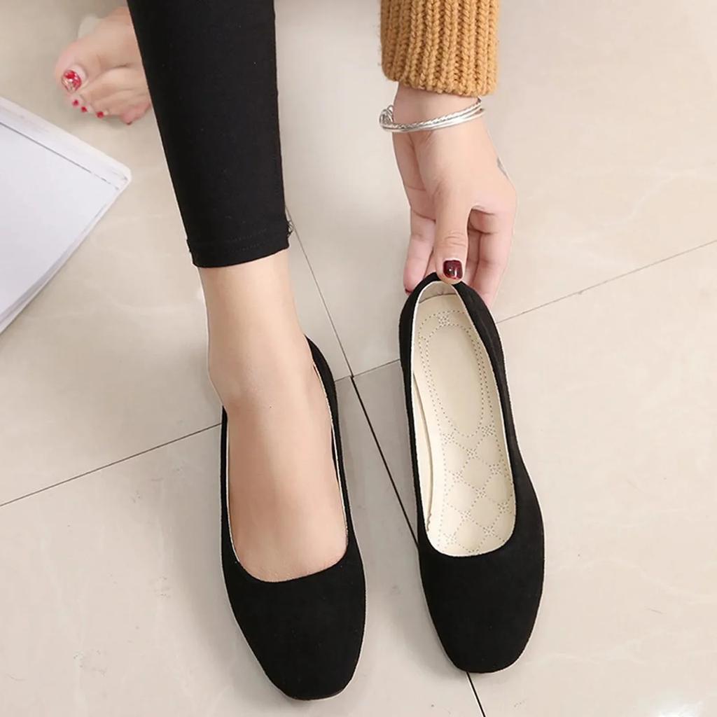 2026 Women Suede Square Flat Heel Shallow Female Shoes Spring Summer Square Toe Basic Concise Women Pumps Size 34-39