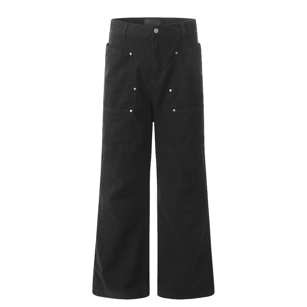 Splicing multi-pocket tooling casual pants men's versatile casual simple and comfortable loose wide-leg straight solid-color trousers