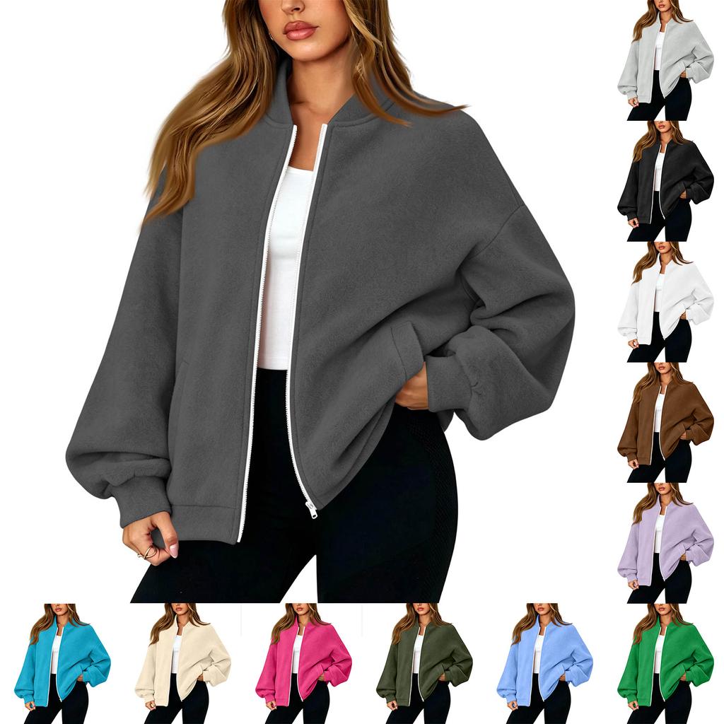 Women's Thermal Baseball Collar Zip Up Jacket Color Loose Fit