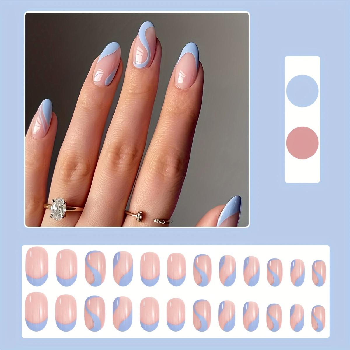 

24 шт. симпатичных накладных ногтей миндалевидной формы, короткая длина с синим завитком, французский дизайн, накладные ногти с клеем, нейл-арт для женщин Imported ABS