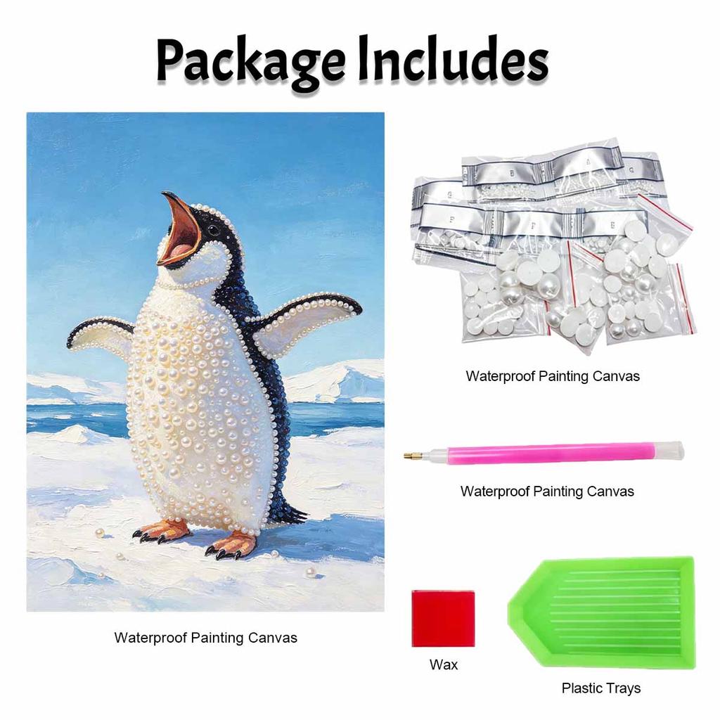 Sparkling Pearl Painting on Stretched Frame Cute Penguin Design DIY Bead Art Canvas Relaxing Hobby Gift for Craft Lovers Creative Decor
