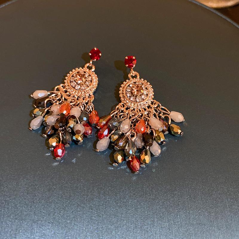 Silver Needle Diamond-Inlaid Acrylic Tassel Earrings: Luxurious Ethnic Style Studs for Women