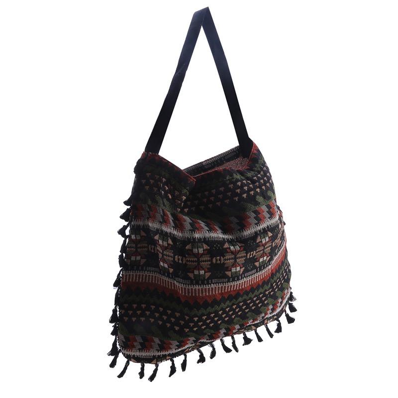Women'S Canvas Bag Ethnic Style Shoulder Bag Cotton Linen Handbags Fashion Fringed Shoulder Bag Literary Style Large Capacity Handbags