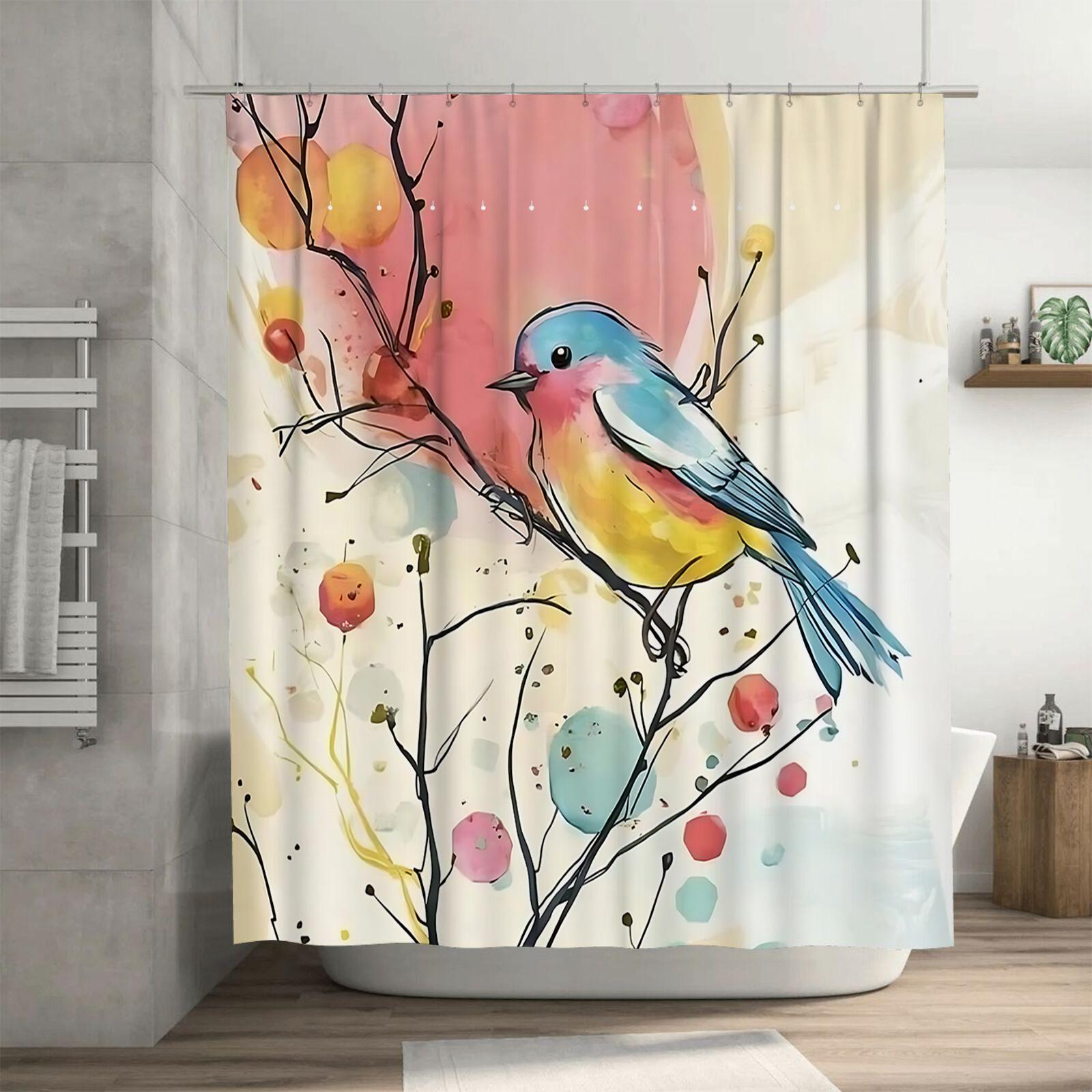 

Colorful Bird On Branch Shower Curtain - Artistic Watercolor Design For Bathroom Decor Waterproof Durable Complimentary Hook W60H190(CM)-1 Pcs