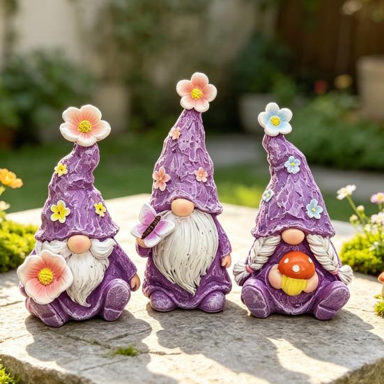 Miniature Mushroom Flower Figurines 3PCS Lavender Gnome Elf Set, Resin Spring Floral Decor Butterfly Set Tray Ornaments, Decorative Statues for Patio