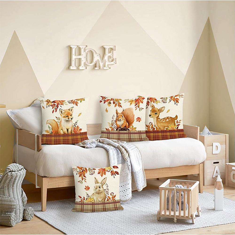 Four Autumn-Themed Animal-Printed Pillowcases: Fox, Rabbit, Squirrel, and Deer Sofa Cushion Cover, Home Room Decoration