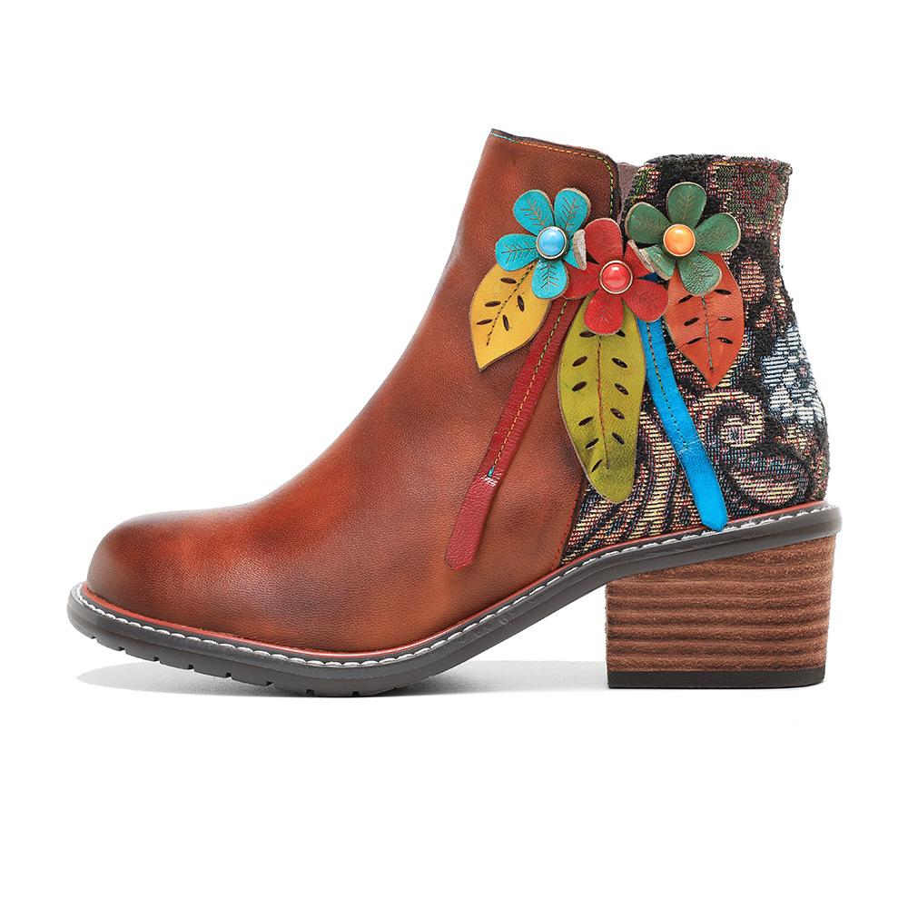 Johnature Genuine Leather Retro Shoes Women Short Boots Round Toe Patchwork Handmade Ankle Boots