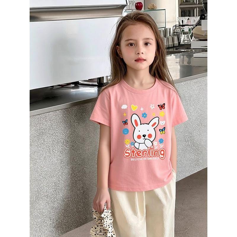 27Home Korean Brand Children's Clothing Summer Style Girls' Pure Cotton Short-Sleeved T-Shirt Cartoon Rabbit Print Kidsren's Clothing