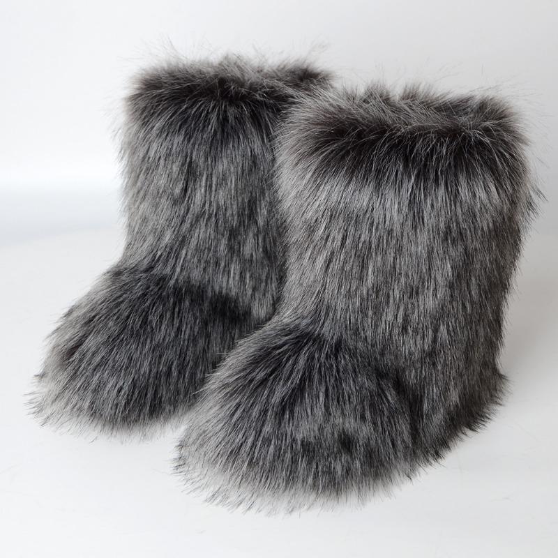 Flat heel high top warm winter furry boots deep mouth round head medium tube imitation fox fur snow boots women