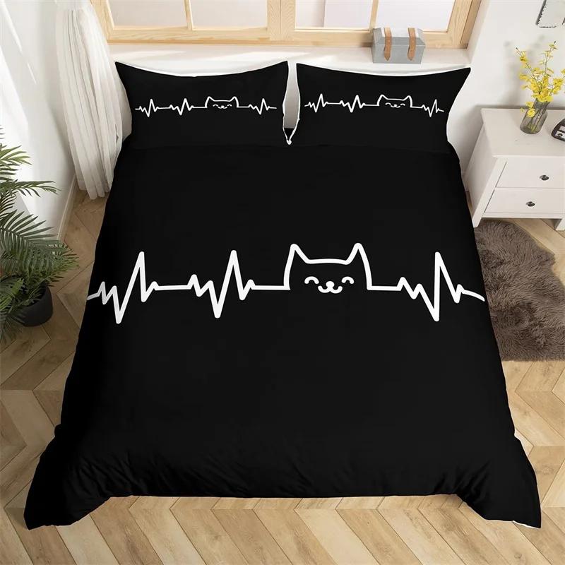 Cat Duvet Cover Polyester Pattern With Hipster Playful Feline Characters, Decorative 3 Piece Twin Bedding Set With 2 Pillow Sham