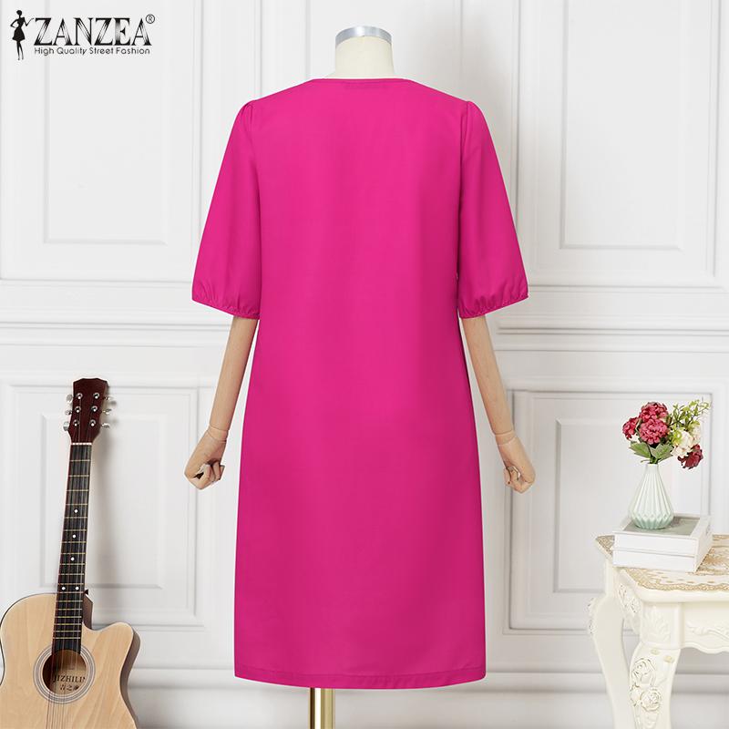 ZANZEA Women Casual V-Neck 3/4 Sleeve Loose Floral Print Dress