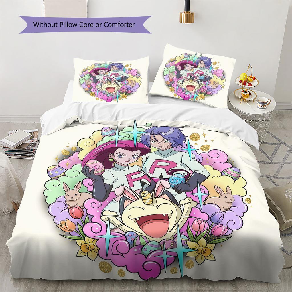 Anime Easter Pokemon Pattern Bedding Quilt Set Quilt Cover Pillowcase Home Decoration Birthday Gift (1 * duvet cover + 2 * pillowcase, without core)
