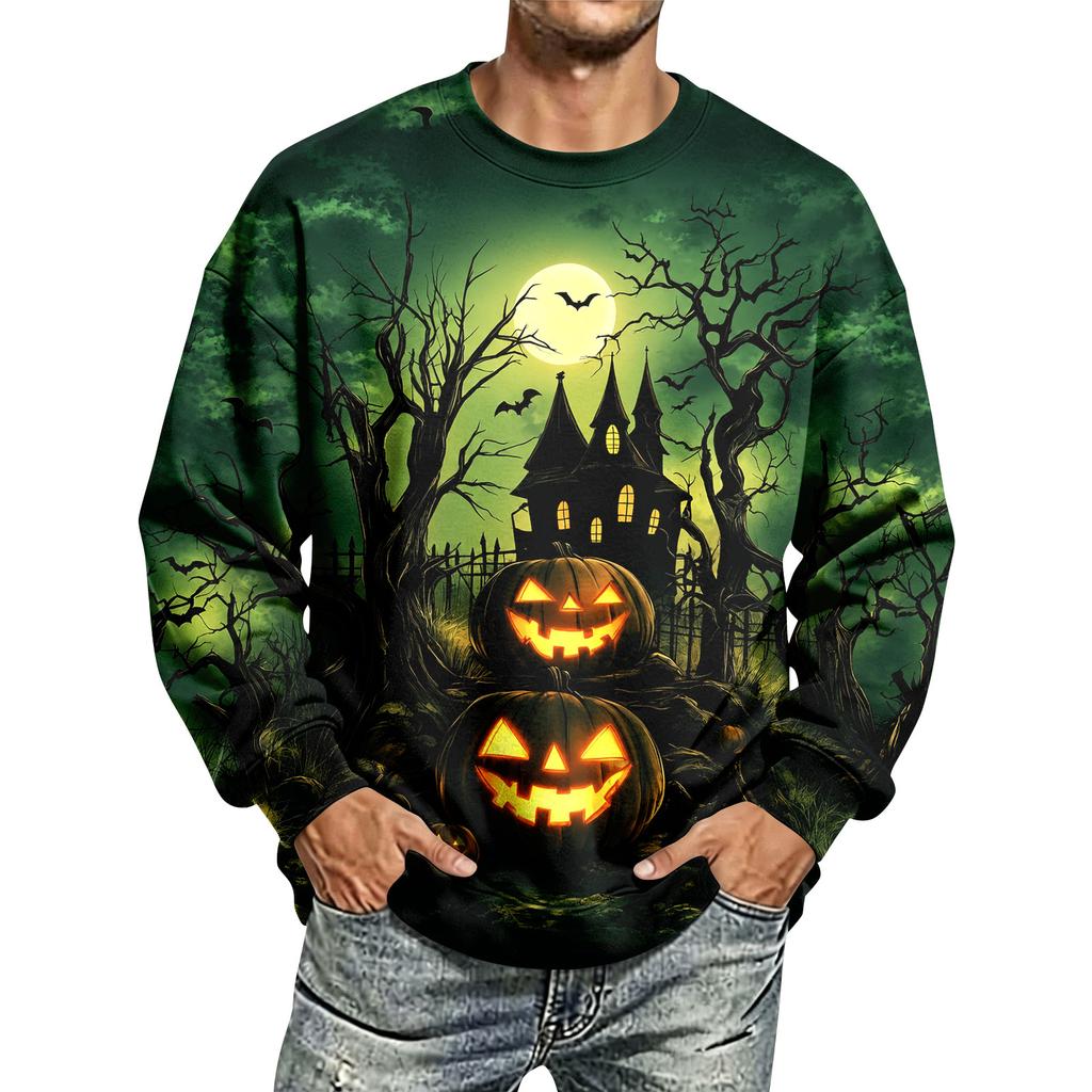 Men's Halloween Print Neck Long Sleeve Sweatshirt Casual Pullover Top