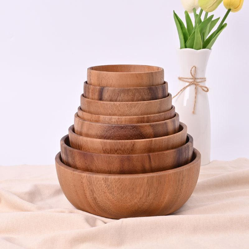 Wooden Round Retro Style Wooden Bowl Japanese Salad Bowl Solid Wood Soup Bowl
