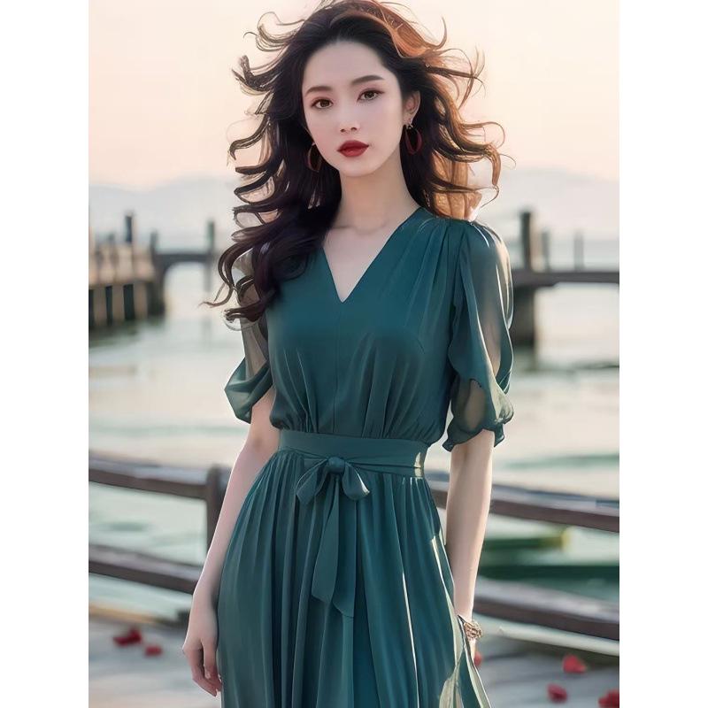 Stylish Green Chiffon Ankle-Length Beach Dress - 2026 Summer Collection