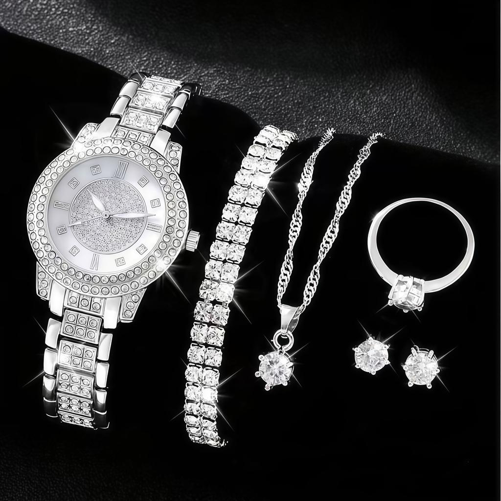 Ladies Cornucopia Diamond Watch Set, Popular 5pcs Bracelet Accessories Fashion Quartz European Beautiful Women Watch Set