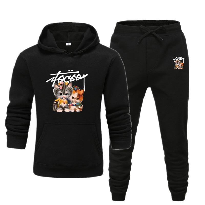 Men's and Women's New Autumn and Winter Plus-size CARTOON CAT Printed Hooded Sportswear Casual Sportswear Set