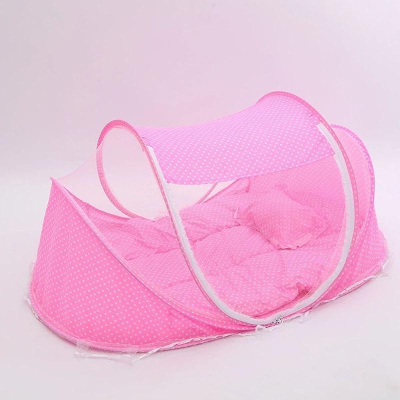 Breathable Fly Proof Baby Bed Net Foldable Compact with 3cm Sleeping Pad and Cotton Pillow for Newborns Safety