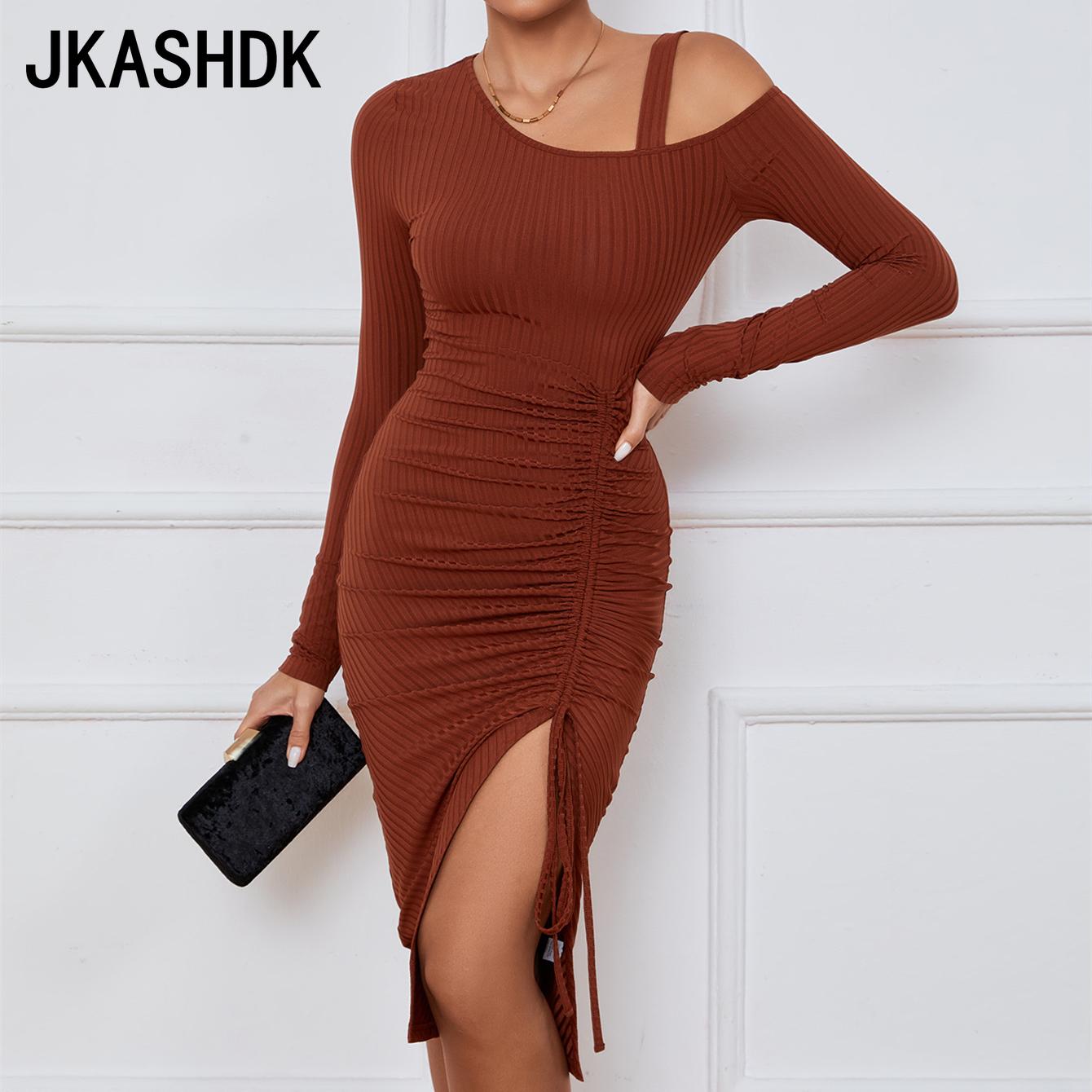 

JKASHDK женские модные осенне-зимние однотонные коктейльные и вечерние платья с длинными рукавами и средней талией S бордовый