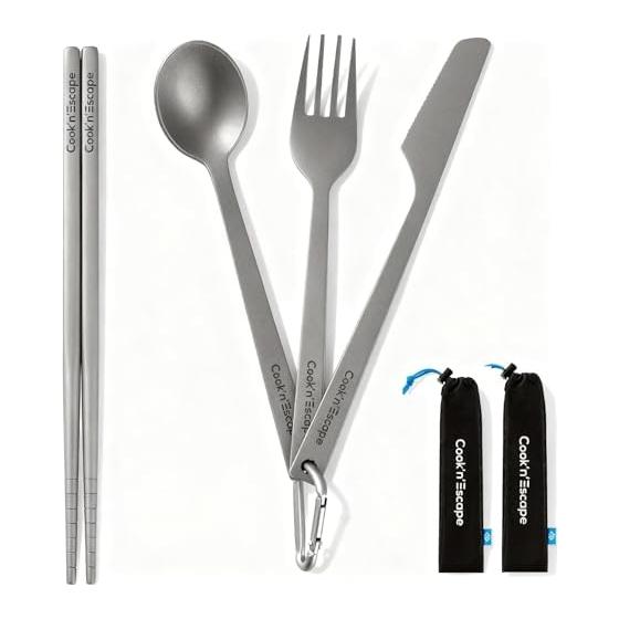 COOK N ESCAPE Titanium Cutlery Set [2mm Extra Thickness/High Strength] Camping Cutlery Chopsticks Spoon Fork Knife 4 Piece Set Storage Bag with
