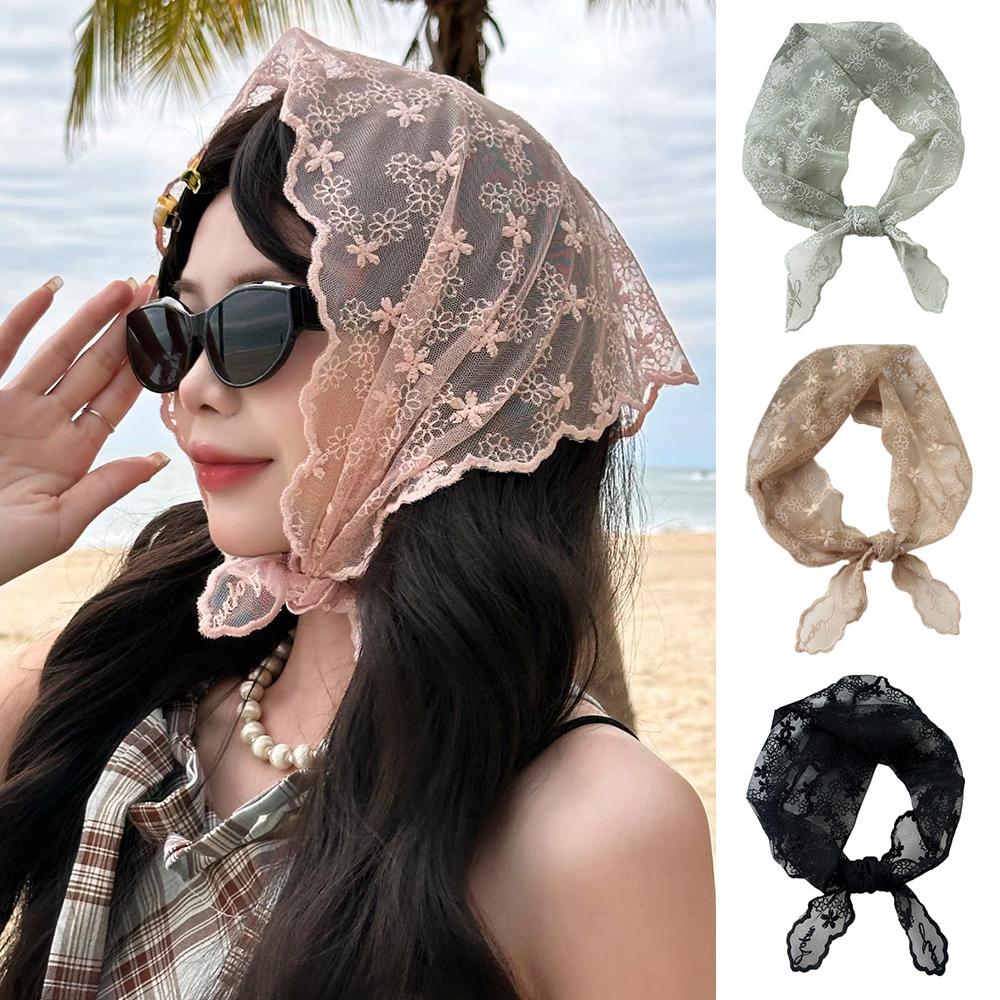 Hot Lace Flower Triangle Head Scarf Women INS Headband Girls Headwear Hair Accessories Y2K Photo Small Shawls Ladies Hair Scarf